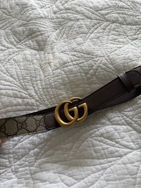Gucci GG Marmont Signature Canvas Belt in Brown with Gold Buckle selling for $70